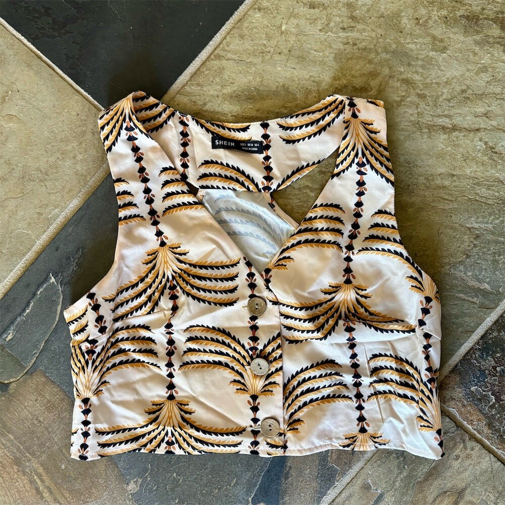 SHEIN Blouse Womens Size S Multicolor Tropical Palm Leaf Cropped Button